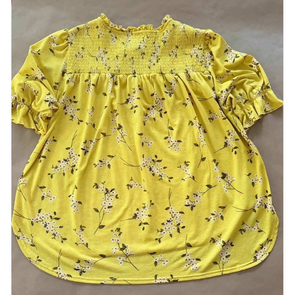 Melloday Yellow Floral Smocked Ruffle Neck Blouse Large Prairie Garden Peasant - Picture 5 of 9